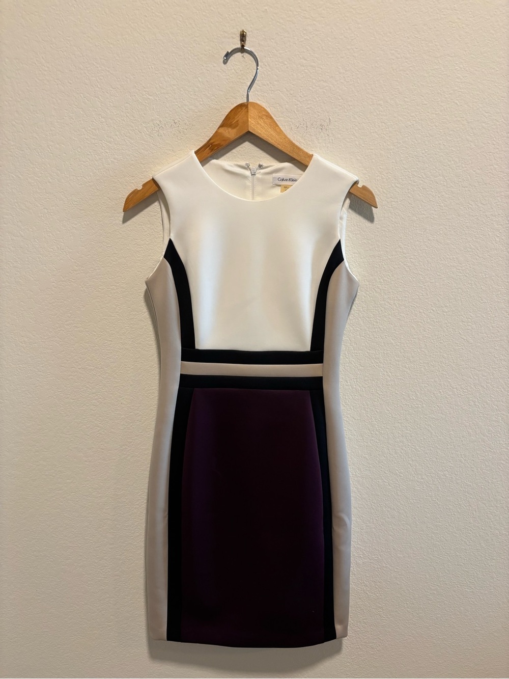 Calvin Klein White, Black and Purple Colorblock Sheath Mini Dress Scuba